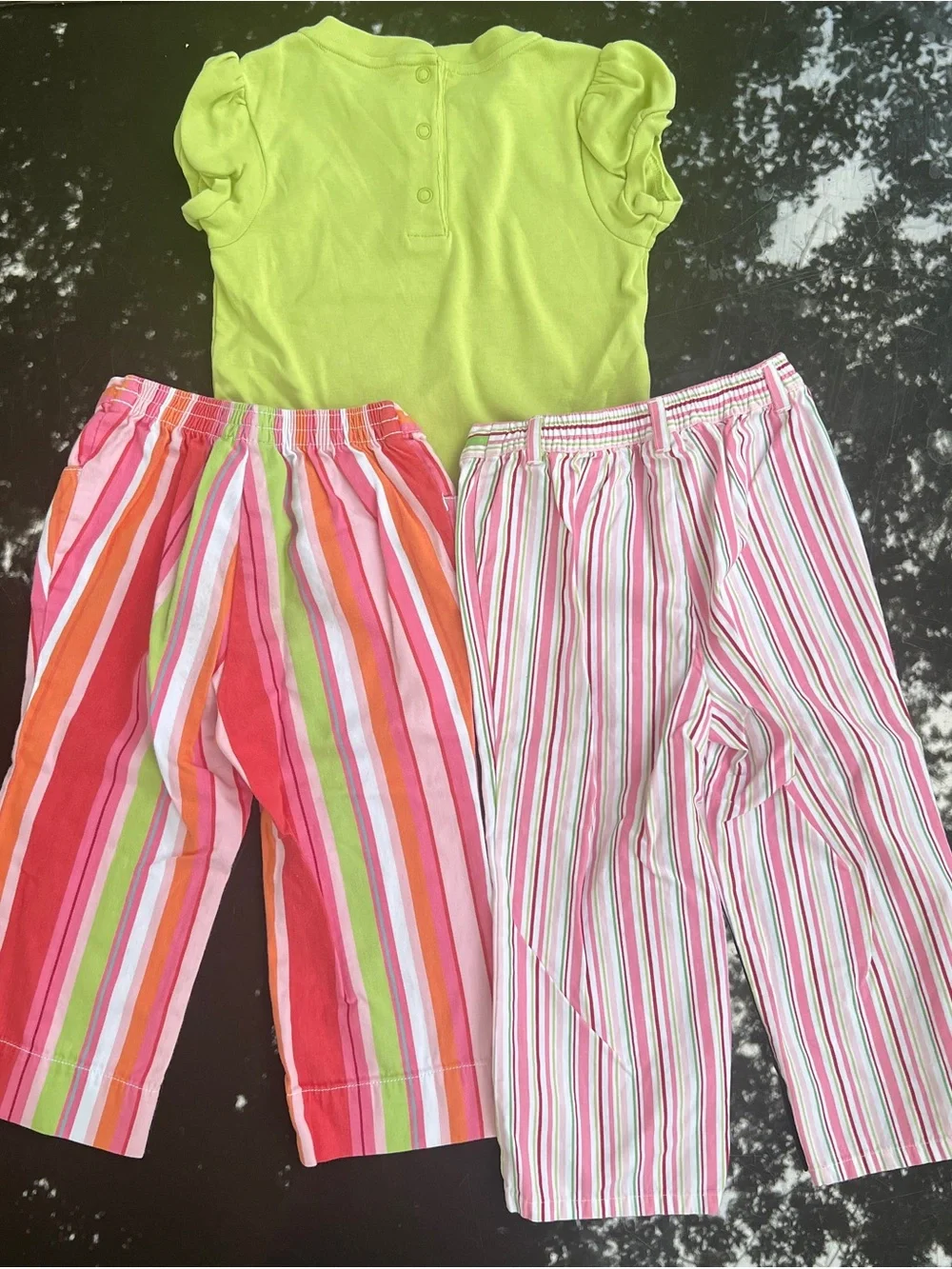 Y2K Gymboree Girls 3T 3pc Green Ruffle Tee & 2 Striped Knit Pants Set